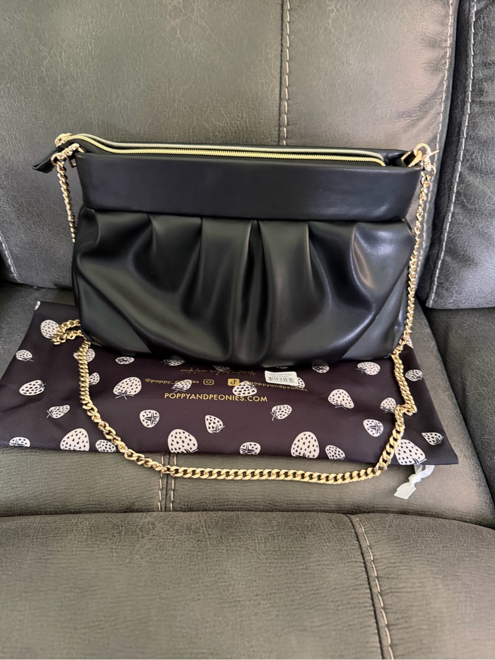 Poppy & Peonies Black Leather Pleated Shoulder Bag with Gold Chain